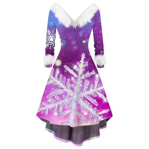 Rollkragenpullover Damen Sexy Kleid Damen Erotisch Rückenfreies Kleid Bh Frauen Festlich Weihnachten Drucken Plüsch V-Ausschnitt High Low Swing Langarm Abendkleider Kleid Schwarz Langarm (2-Purple, S) von Azruma