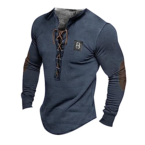 Slim Fit T-Shirt Herren Schwitzanzug Herren Feinripp Unterhemd Herren Vintage Distressed Drucken Lange ÄRmel Henley Shirt Mit SchnüRung Mittelalter Hemd Sleeveless Shirt Herren (Marine, XXL) von Azruma