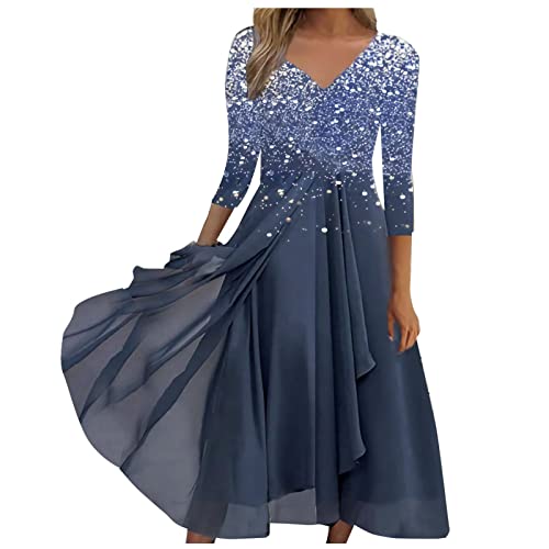 Sommerkleid Damen Knielang Skims Dupes Elegantes Kleid Damen Festlich Spitzenkleid Chiffon Pailletten Flowy RüSchen Swing V-Ausschnitt 3/4 ÄRmel Midi Cocktailkleid Leinenkleid (Blau, M) von Azruma