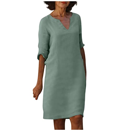 Sommerkleid Damen Lang Festliche Kleider FüR Damen Ab 50 Jahren Pulloverkleid Leinenkleid Damen Sommer V-Ausschnitt Halbe ÄRmel Einfarbig Knielang Leinen Kleider Longshirt Damen Langarm (MinzgrüN, M) von Azruma