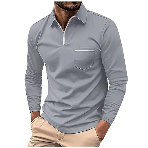 Sport Shirt Männer Kostüme Erwachsene Kapuzenpullover Herren Männer Outdoor Einfarbig Zipper V-Ausschnitt Langarm Golfshirts Mit Brusttasche Herbst Winter Arbeit Polo T-Shirts (Grau, L) von Azruma