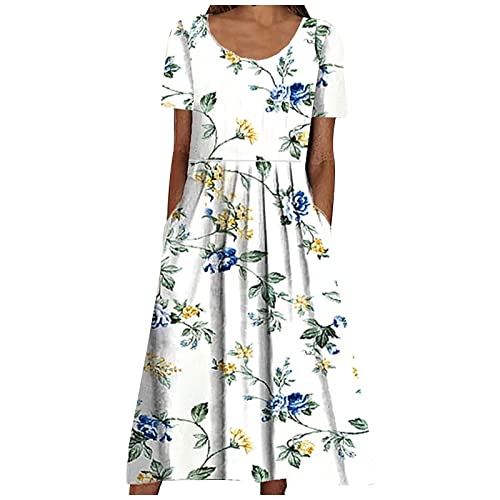 Summer Dress for Women Kleid Weiß Anime KostüM Frauen Boho Drucken Rundhals Kurzarm Swing Lange Tunikakleid Mit Taschen Strandkleid Weiß (1-White, M) von Azruma