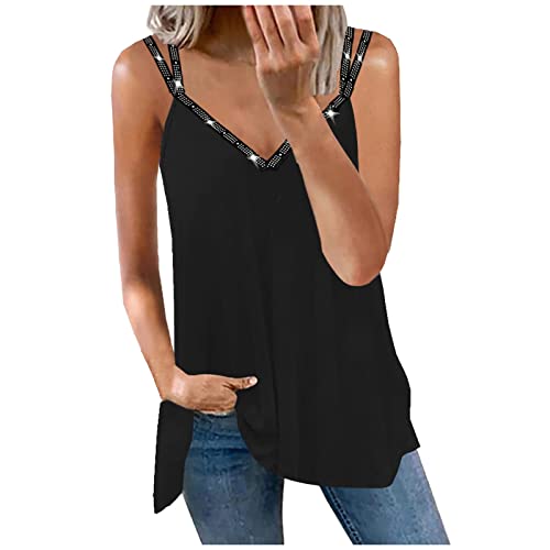 T-Shirt Damen Oversize Blusen Tuniken FüR Damen Laufshirt Damen Kurzarm Sexy V-Ausschnitt SpaghettiträGer Cami Top Mit Glitzer Strass Loose Einfarbig Camisole Elegante WeißE Bluse (Schwarz, M) von Azruma