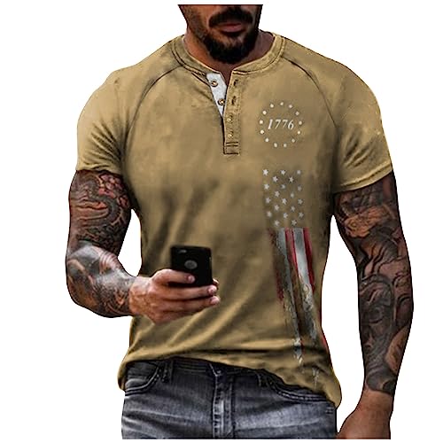 T-Shirt Herren Henley Shirt Herren Linen Shirt Men Vintage Drucken Kurzarm ÜBergrößE Henley Shirt Mit Knopfleiste Sommer Button Down Plus Size T Shirts V Ausschnitt Herren T Shirt (Khaki, M) von Azruma