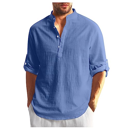 T Shirt Herren Schwarz Herren Unterhemden Herren BeiläUfig Leinen Einfarbige Langarm Henley Shirt Mit Knopfleiste Atmungsaktiv Stehkragen Shirt V Ausschnitt Herren T Shirt (Blau, 5XL) von Azruma