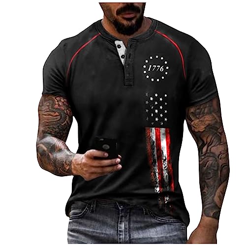 T-Shirt Herren Schwarz Polo Shirts MäNner Hawaii Hemd Vintage Drucken Kurzarm ÜBergrößE Henley Shirt Mit Knopfleiste Sommer Button Down Plus Size T Shirts T-Shirt Selbst Gestalten (Schwarz, XL) von Azruma