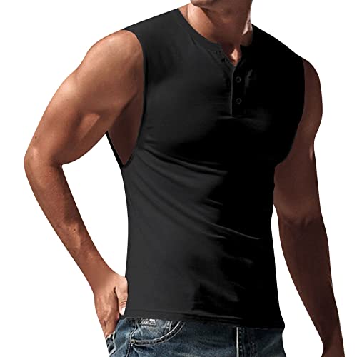 T-Shirts FüR Herren T Shirt Jungs Party Top Sommer Einfarbig ÄRmelloses Oversize Henley Shirt Mit Knopfleiste Slim Fit V-Ausschnitt ÄRmellos Tank Tops Unterhemden (Schwarz, M) von Azruma