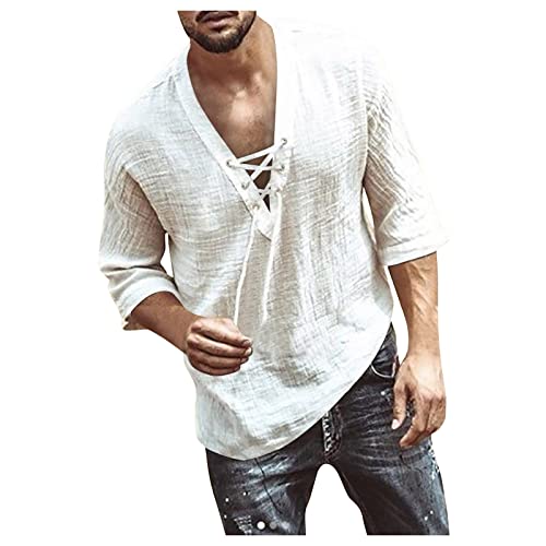 T-Shirts FüR Herren T-Shirts FüR Jungen Poloshirt Herren 4XL Sommer Leinen Plissee Einfarbige Button Down V-Ausschnitt 3/4 ÄRmel Shirt Mit SchnüRung Baseball Shirt Herren (Weiß, 3XL) von Azruma