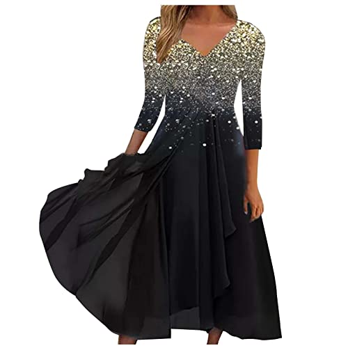 Tshirt Kleid Damen Sommerkleid MäDchen Abiballkleid Spitzenkleid Chiffon Pailletten Flowy RüSchen Swing V-Ausschnitt 3/4 ÄRmel Midi Cocktailkleid Bikini Cover Up Strandkleid (Schwarz, L) von Azruma