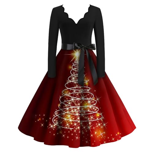 Vintage Kleider Damen Frauen Vintage Rockabilly V-Ausschnitt Langarm A-Linie Übergröße Weihnachten Kleid Mit Schleife Rockabilly Kleider Damen Festlich Weihnachtskleid Mädchen(4-Red,S) von Azruma