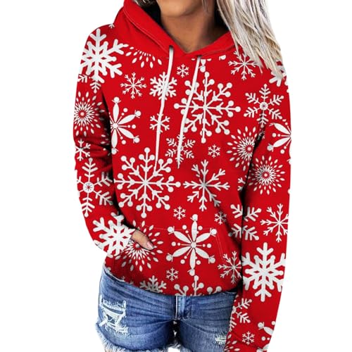 Weihnachtspullover Damen Große Größen Kapuzenpullover Damen Xmas Pullover Damen Frauen Weihnachts Drucken Langarm Hoodie Sweatshirt Mit Kapuze Warm Christmas Pullover Mit Taschen (1-Red, L) von Azruma