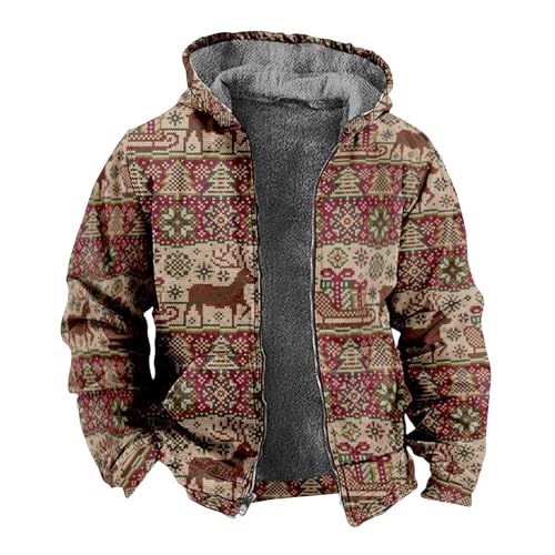 Winter Parka Jacke Herren Mantel, Fell- Kapuze Regenjack Männer Verdickt Weihnachten Drucken Teddyfell Gefüttert Reißverschluss Jacke Mit Fellkragen Trekking Jacke Herren Wetterjacke (3-Multicolor,Xl) von Azruma