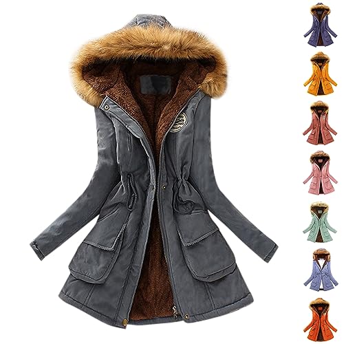 Winterjacke Damen Frauen Winter Einfarbig Langarme Gefütterte Fleecejacke Mit Kapuze Warme Lange Winterparka Mit Tasche Winterparka Damen Warm Gefüttert(Blau,L) von Azruma