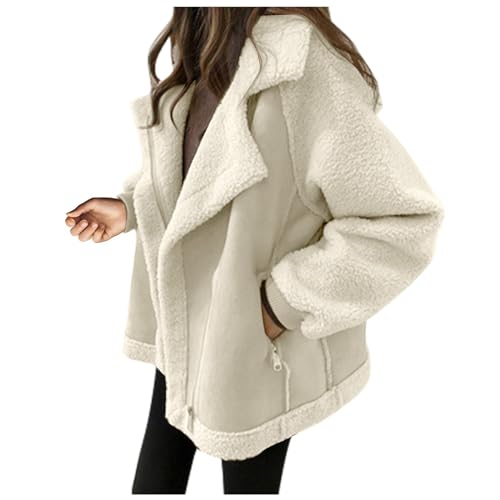 Winterjacke Teenager Mädchen Damen Jacke Winter Daunenmantel Damen Frauen Warm Kurz Schaffell Fleece Revers Langarm Motorradjacke Mit Zipper Taschen Longpullover Damen Lässig Für Leggings (1-Beige, S) von Azruma