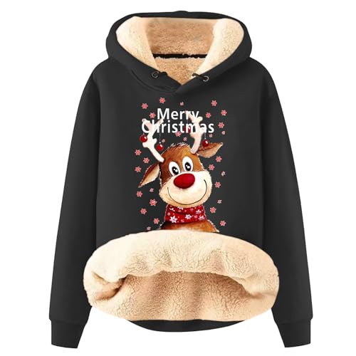 Winterpullover Damen Warm Frauen Winter Weihnachten Warm Fleece Sherpa Gefütterter Pullover Mit Kapuze Lässiger Drucken/Einfarbig Kapuzenpullover Warm Hoodie Outfits Fliesjacke Damen Warm(2-Black,Xl) von Azruma