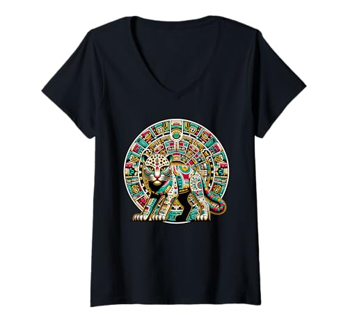 Damen Aztekengott Tezcatlipoca und Leopard mit dem Maya-Kalender T-Shirt mit V-Ausschnitt von Aztec Animal Art And Mayan History Leopard Apparel