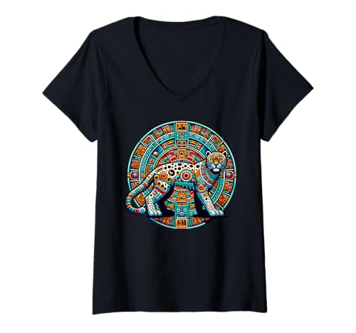 Damen Aztekengott Tezcatlipoca und alte Maya-Geschichte, Leopard T-Shirt mit V-Ausschnitt von Aztec Animal Art And Mayan History Leopard Apparel