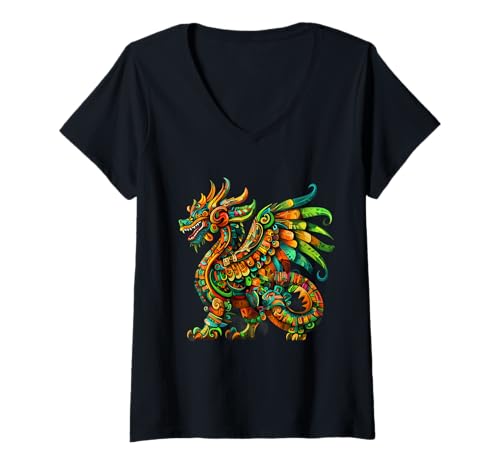 Damen Aztekische gefiederte Schlange mexikanische Mythologie Quetzalcoatl T-Shirt mit V-Ausschnitt von Aztec Civilization Mexican Mythology