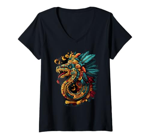 Damen Gefiederte Schlange Quetzalcoatl Aztekengott Mexikanische Mythologie T-Shirt mit V-Ausschnitt von Aztec Civilization Mexican Mythology