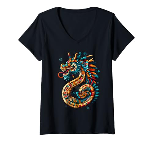 Damen Gefiederte Schlange Quetzalcoatl Mexikanische Mythologie Aztekischer Gott T-Shirt mit V-Ausschnitt Damen Gefiederte Schlange Quetzalcoatl Mexikanische Mythologie Aztekischer Gott T-Shirt mit V-Ausschnitt von Aztec Civilization Mexican Mythology