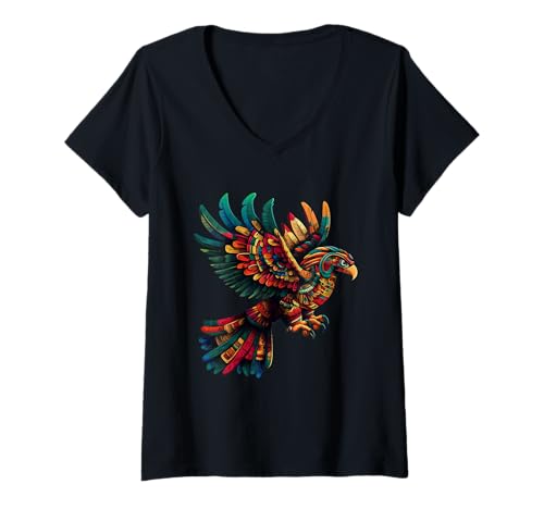 Damen Mexikanische Mythologie gefiederte Schlange Adler Maya Azteken T-Shirt mit V-Ausschnitt von Aztec Civilization Mexican Mythology