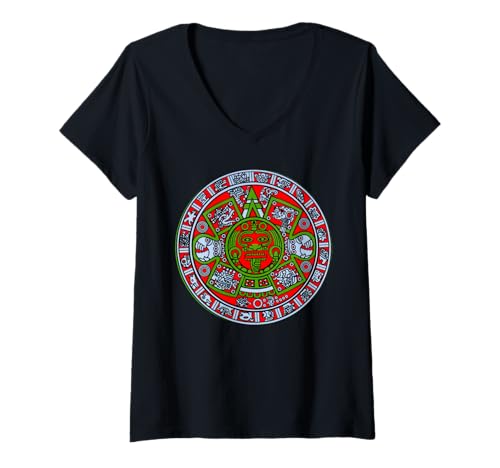 Damen Aztekenkalenderstein – Azteken-Sonnenstein T-Shirt mit V-Ausschnitt Damen Aztekenkalenderstein – Azteken-Sonnenstein T-Shirt mit V-Ausschnitt von Aztec Mayan Designs