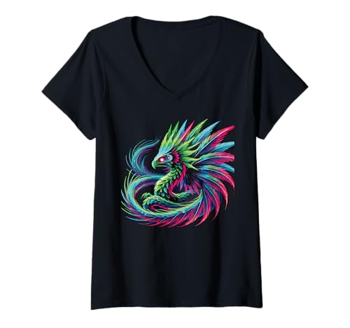 Damen Aztec Mexico Quetzalcoatl Gefiedert T-Shirt mit V-Ausschnitt Damen Aztec Mexico Quetzalcoatl Gefiedert T-Shirt mit V-Ausschnitt von Aztec Mexico Quetzalcoatl Mythical Serpent