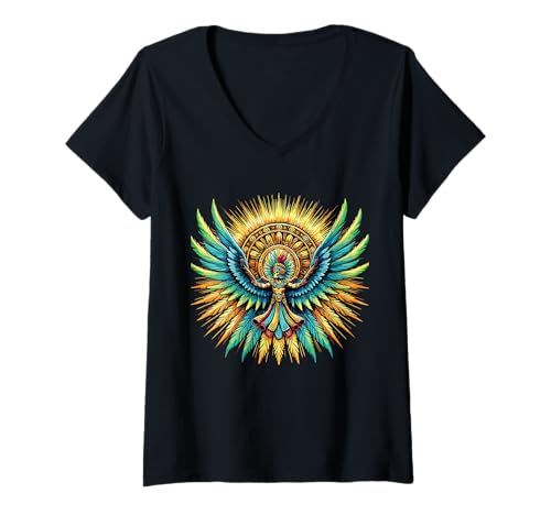 Damen Aztekengott Huitzilopochtli Mexikaner T-Shirt mit V-Ausschnitt Damen Aztekengott Huitzilopochtli Mexikaner T-Shirt mit V-Ausschnitt von Aztec god Mexican