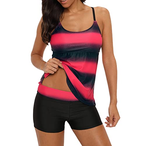 Durio Badeanzug Damen Bauchweg Frau Bademode Badeanzüge Tankinis Tankini mit Hotpants Badebekleidung Zweiteilig mit Streifen,Rote U. Schwarze Mischung,EU 42 (Etikett XL) von Durio