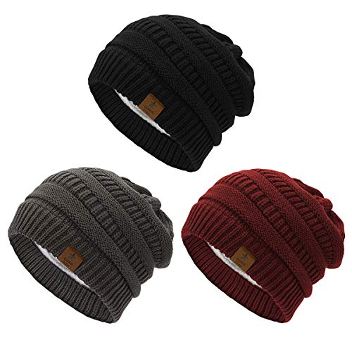 Durio Mütze Damen Winter Strickmütze Grobstrick Warme Beanie mit Innenfutter 3er Set B von Durio