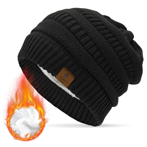 Durio Mütze Damen Winter Strickmütze Grobstrick Warme Beanie mit Innenfutter A Schwarz von Durio