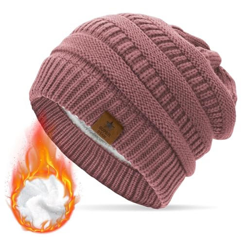 Durio Mütze Damen Winter Strickmütze Grobstrick Warme Beanie mit Innenfutter Pink von Durio