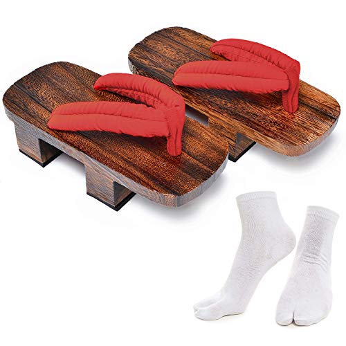 Japanische Holzclogs mit Tabi-Socken für Herren und Damen, Braun & Rot, 9-10 Women/9-10 Men von Azumasun