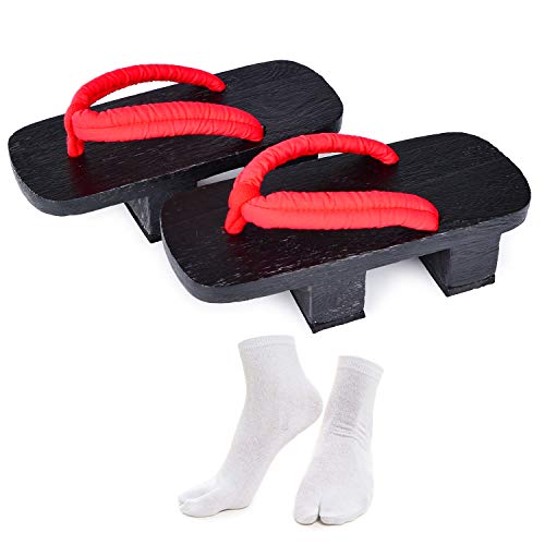 Japanische Holzclogs mit Tabi-Socken für Herren und Damen, schwarz/rot, 10-11 Women/10-11 Men von Azumasun