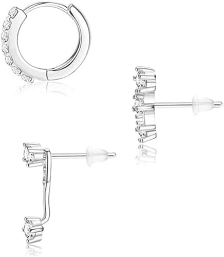 AzureRay 3 Paar Silber 925 Damen Ohrringe Set-Creolen,Hypoallergene 14 Karätigem Weißgold Vergoldet Ohrringe Silber 925 Set Mit Zirkonia,-Perfekt Für Mehrere Ohrlöcher von AzureRay
