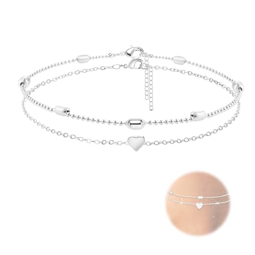 AzureRay Silber Fußkettchen für Damen, Verstellbare Doppelte Fusskette mi Herz, Perfekter Strand Fußschmuck Geschenk für Frauen & Mädchen von AzureRay