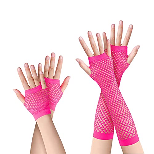 Azwood Fischnetz Handschuhe, 2 Paare Lang und Kurz Netz Mesh Handschuhe, Schwarz Fingerlose Netzhandschuhe - Damen Abendhandschuhe ​für Verkleidung Kostüm Party Lieferungen (Rosa) von Azwood