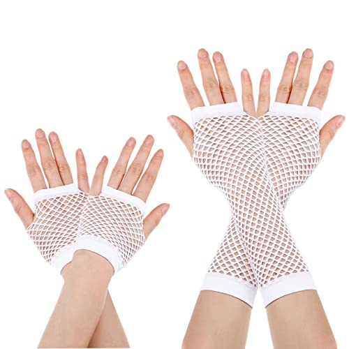 Azwood Fischnetz Handschuhe, 2 Paare Lang und Kurz Netz Mesh Handschuhe, Schwarz Fingerlose Netzhandschuhe - Damen Abendhandschuhe ​für Verkleidung Kostüm Party Lieferungen (Weiß) von Azwood