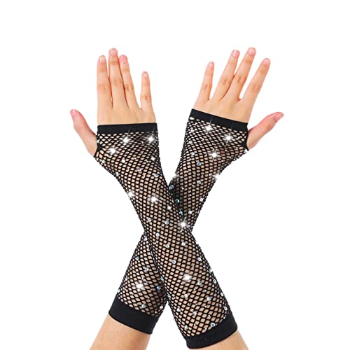 Azwood Fischnetz Handschuhe, Strass Mode Lang Netz Mesh Handschuhe, Schwarz Fingerlose Netzhandschuhe - Damen Abendhandschuhe ​für Verkleidung Kostüm Party Halloween Cosplay Zubehör von Azwood