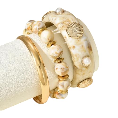 Azxcvbnm 3pcs/Set Marine Themed Verstellbares Schichtarmband Armband Armreifen Mit Kunstperlen Und Perlendetails Für Strandpartys Stapelbare Strandwehende Armbänder von Azxcvbnm