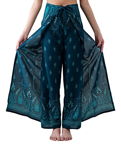 B Bangkok Pants Damen Boho-Palazzo-Hose mit weitem Bein, Yoga-Wickelband, Taille zum Binden, Bohemian Green, Einheitsgröße von B BANGKOK PANTS