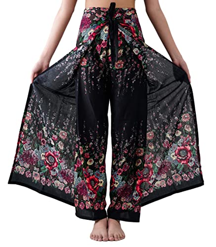 B BANGKOK PANTS Damen Boho-Palazzo-Hose mit weitem Bein, Yoga-Wickelband, Taille zum Binden, Schwarz, floral, Einheitsgröße B BANGKOK PANTS Damen Boho-Palazzo-Hose mit weitem Bein, Yoga-Wickelband, Taille zum Binden, Schwarz, floral, Einheitsgröße von B BANGKOK PANTS