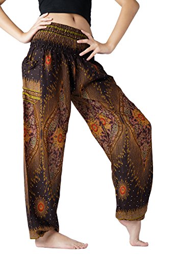 B BANGKOK PANTS Damen Haremshose, Boho-Kleidung, Hippie, Yogahose mit Taschen Yoga-Hose, Braunes Pfauenauge, Einheitsgröße von B BANGKOK PANTS