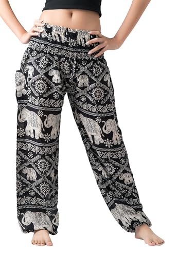 B BANGKOK PANTS Damen Haremshose, Boho, Hippie, Yogahose mit Taschen, Locker Fließend Yoga-Hose, Schwarzer Elefant, Einheitsgröße B BANGKOK PANTS Damen Haremshose, Boho, Hippie, Yogahose mit Taschen, Locker Fließend Yoga-Hose, Schwarzer Elefant, Einheitsgröße von B BANGKOK PANTS