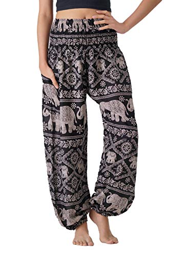 B BANGKOK PANTS Damen Haremshose, Boho-Kleidung, Hippie, Yogahose mit Taschen für Frauen Yoga-Hose, Schwarzer Elefant, Einheitsgröße von B BANGKOK PANTS