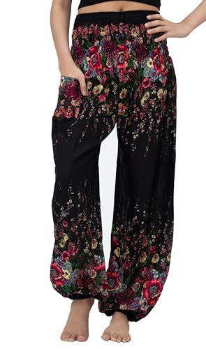 B BANGKOK PANTS Haremshose Schlaghose Damen Yoga Boho Kleidung mit Taschen, Black floral, Einheitsgröße B BANGKOK PANTS Haremshose Schlaghose Damen Yoga Boho Kleidung mit Taschen, Black floral, Einheitsgröße von B BANGKOK PANTS