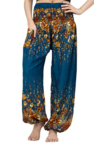 B Bangkok Pants Haremshose für Damen, Yoga, Boho-Kleidung mit Taschen, Grüne Blumen, Einheitsgröße B Bangkok Pants Haremshose für Damen, Yoga, Boho-Kleidung mit Taschen, Grüne Blumen, Einheitsgröße von B BANGKOK PANTS