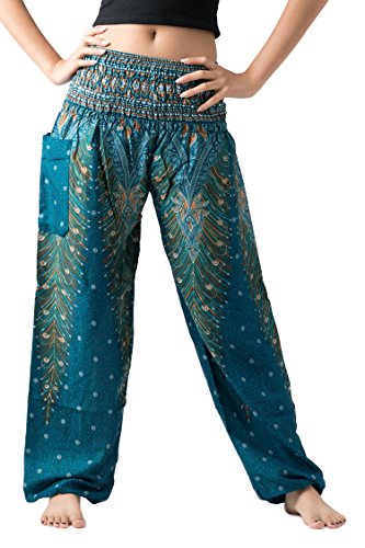B BANGKOK PANTS Haremshose für Damen, Yoga, Boho-Kleidung mit Taschen, Grüner Pfau, Einheitsgröße von B BANGKOK PANTS