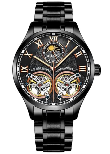 B BINGER Skelett Uhren Herren Automatik Mechanische Ailang Dual Balance Räder Armbanduhren (Schwarz-B) von B BINGER