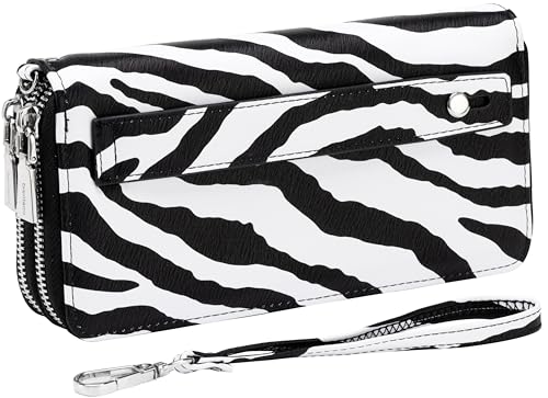 B BRENTANO Geldbörse aus veganem Leder mit doppeltem Reißverschluss und Handschlaufe, NN ZEBRA SCHWARZ, RFID-blockierende Geldbörse mit Handgriff und abnehmbarem Riemen von B BRENTANO